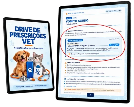 Drive de Prescrições Vet aberto em dois tablets, com a capa e uma ficha de prescrição